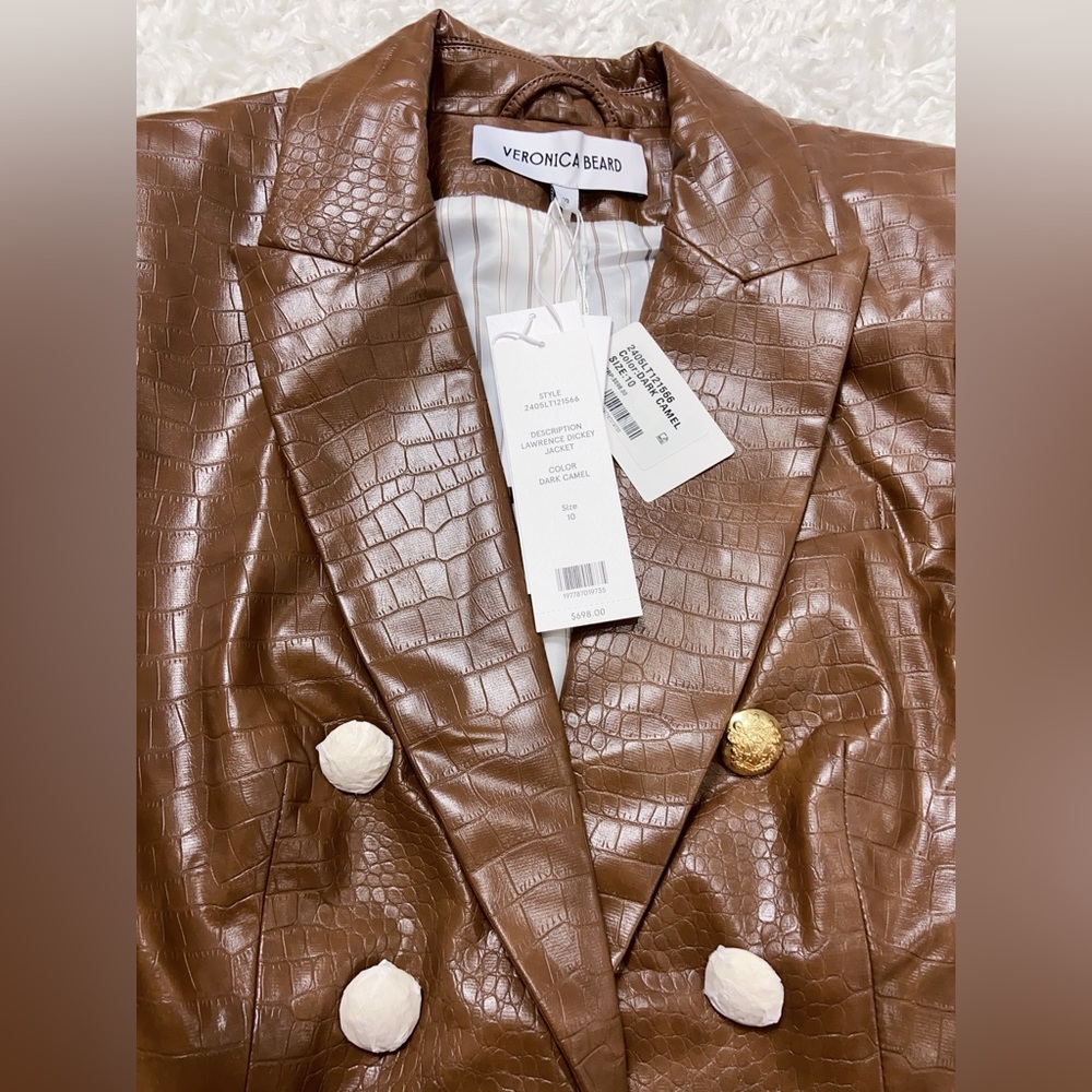 NWT Veronica Beard Lawrence Croc Embossed Faux Leather Dickey Jacket In Brown - Picture 10 of 13